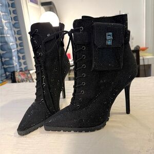 Jennifer Lopez Black Sparkly Lace-Up Heeled Boots